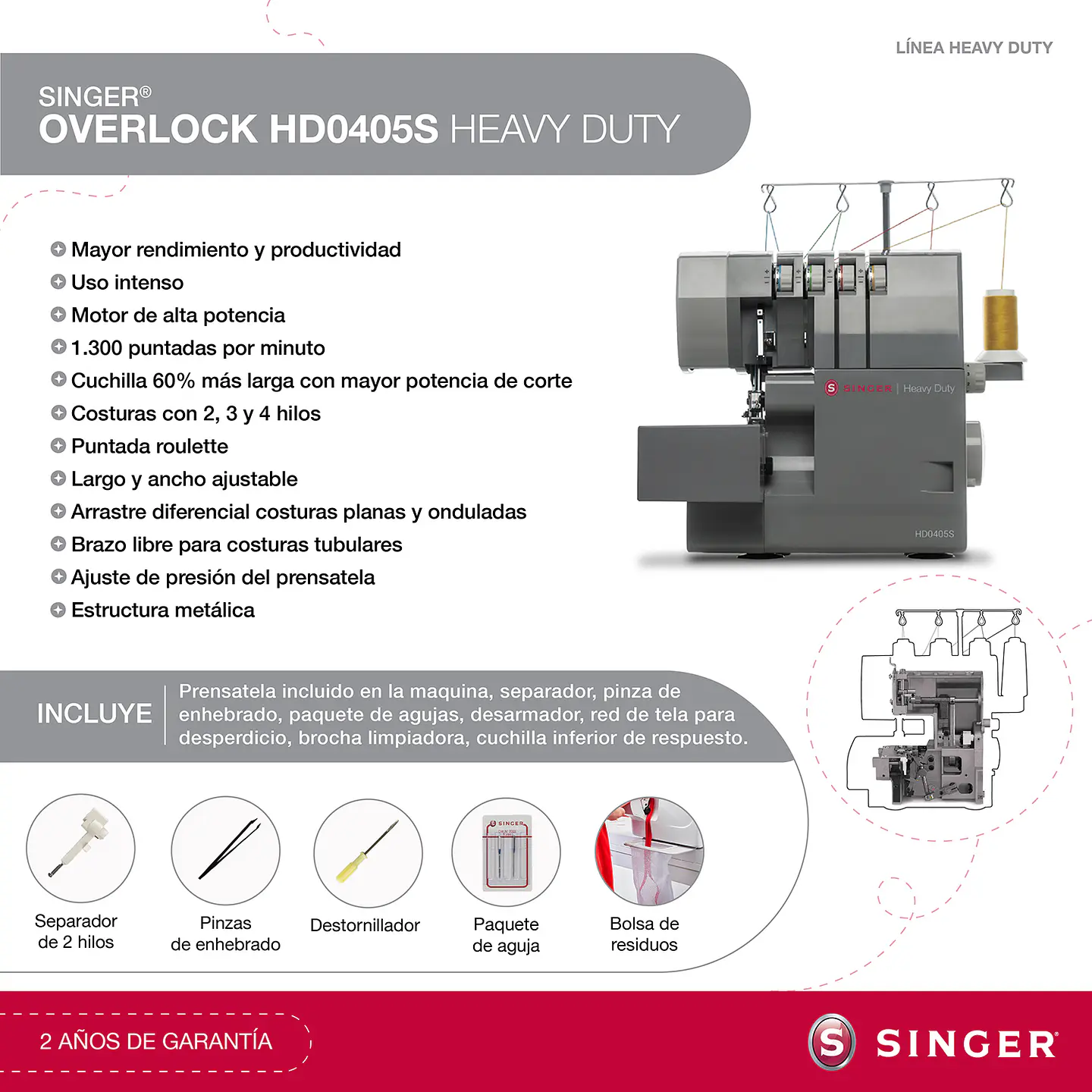 MAQUINA SINGER 1DSHD0405S MÁQUINA OVERLOCK HD0405S HEAVY DUTY 8