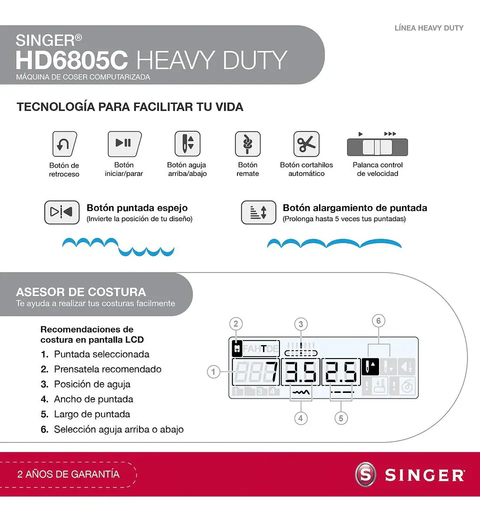 MAQUINA DE COSER PORTATIL SINGER HD6805C CON FUNCIONES AVANZADAS 5