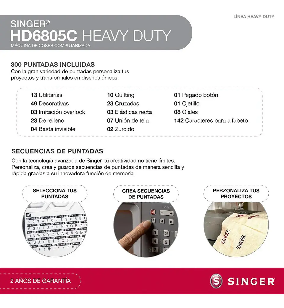 MAQUINA DE COSER PORTATIL SINGER HD6805C CON FUNCIONES AVANZADAS 8