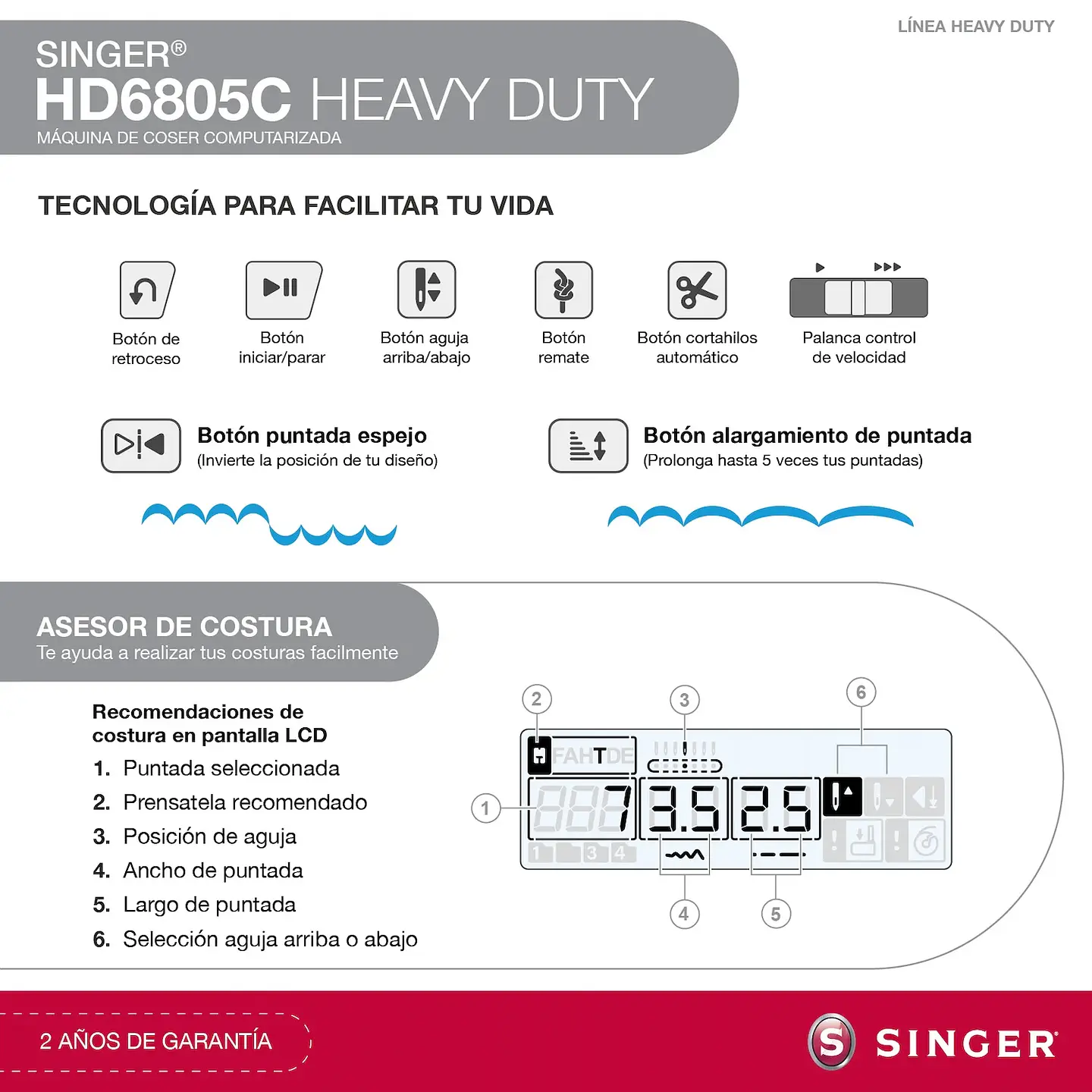 MAQUINA DE COSER SINGER HD6805C MÁQUINA DE COSER HEAVY DUTY COMPUTARIZADA 5