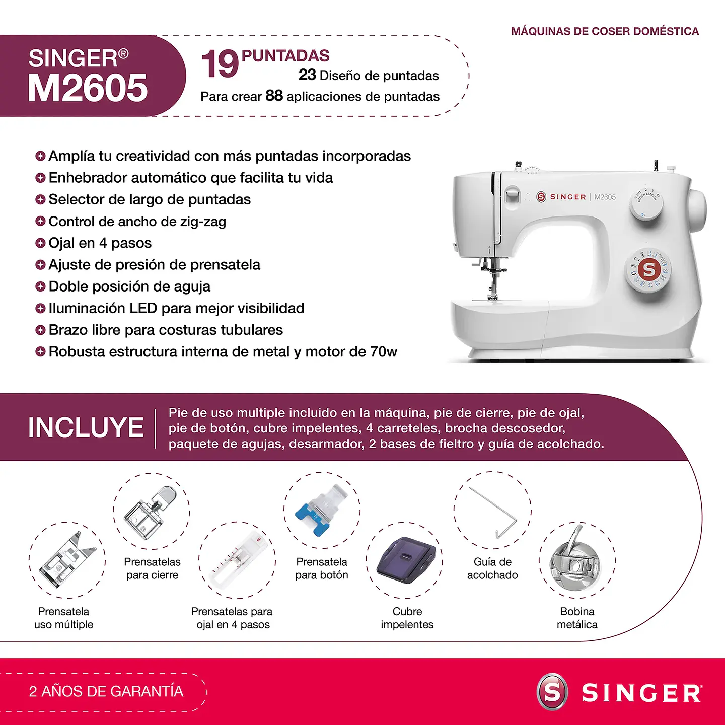 MÁQUINA DE COSER RECTA ZIG ZAG SINGER M2605 70W 7