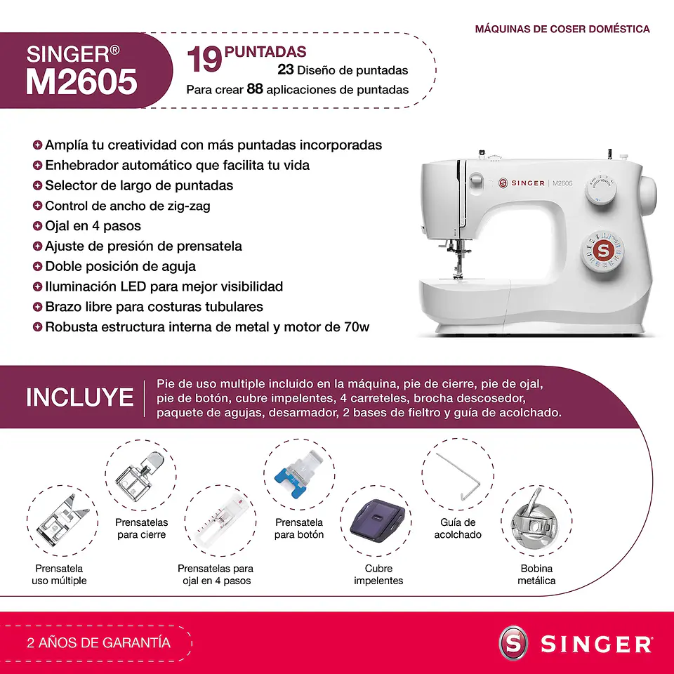 MÁQUINA DE COSER RECTA ZIG ZAG SINGER M2605 70W 7