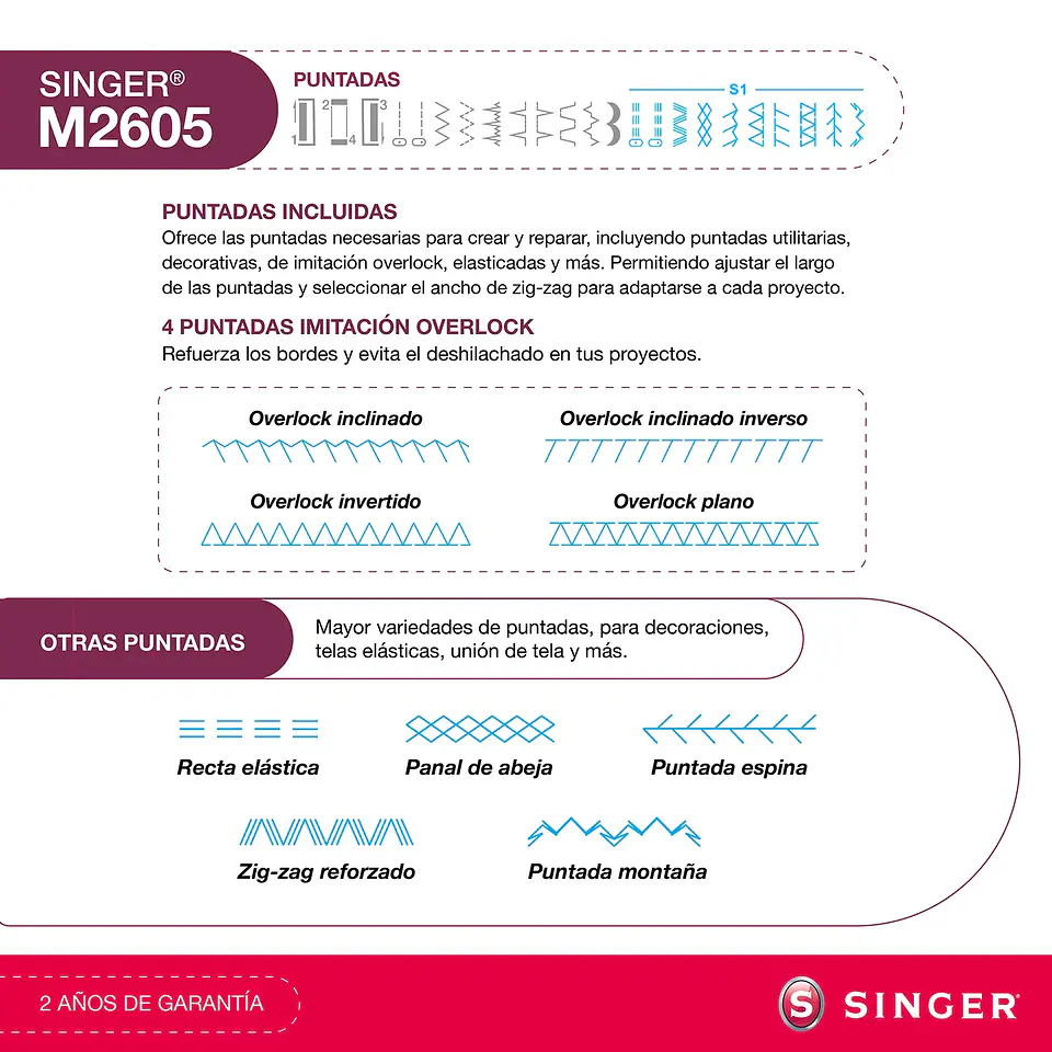 MÁQUINA DE COSER RECTA ZIG ZAG SINGER M2605 70W 8