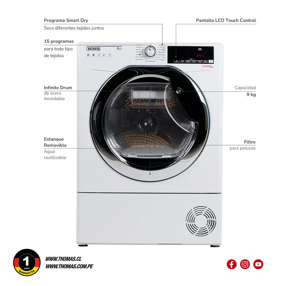 SECADORA DE ROPA BOMBA DE CALOR THOMAS TH-D9KCBC 9KG BLANCO 6