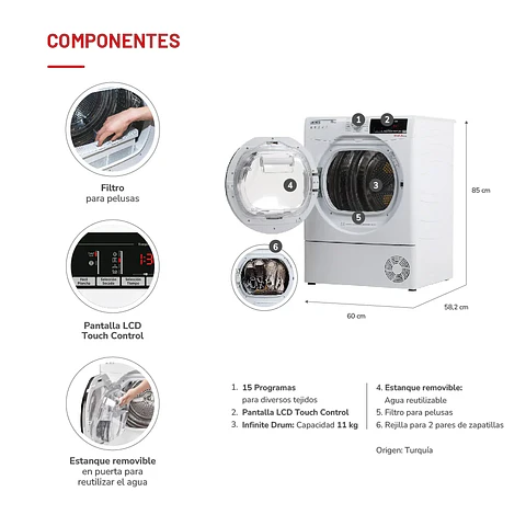 SECADORA ELE CTRICA 11 KG POR CONDENSACION CON BOMBA CALOR