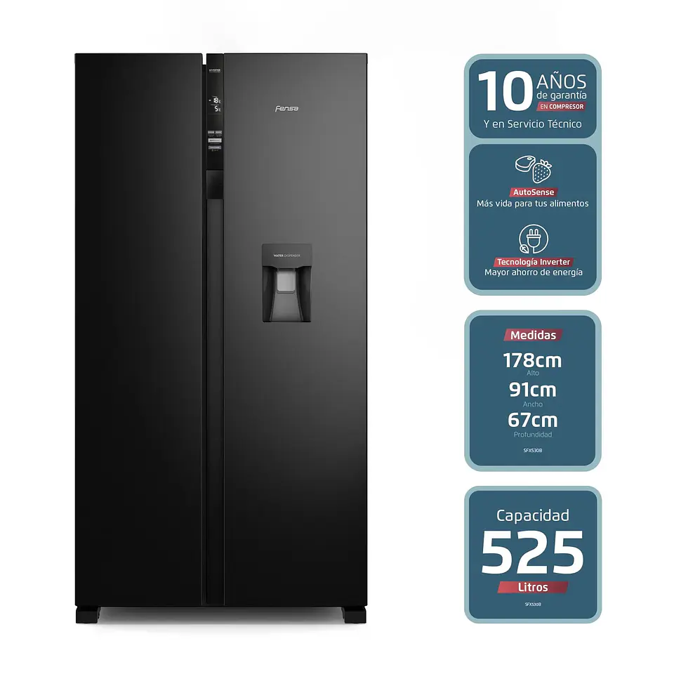 REFRIGERADOR FENSA 525L NO FROST SIDE BY SIDE SFX530B NEGRO 4
