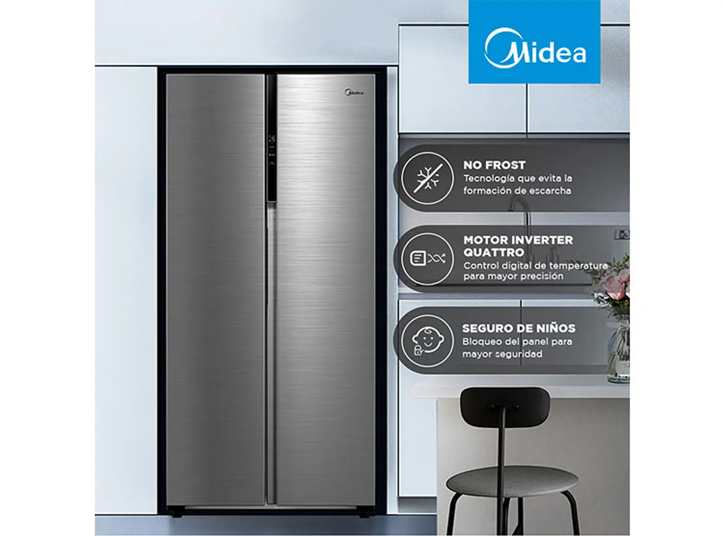 REFRIGERADOR SIDE BY SIDE MIDEA MDRS619FGE46 432L NO FROST PLATA 6