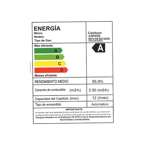 CALEFON JUNKERS GAS NATURAL 12 LITROS TIRO FORZADO WTDE12-KME 23