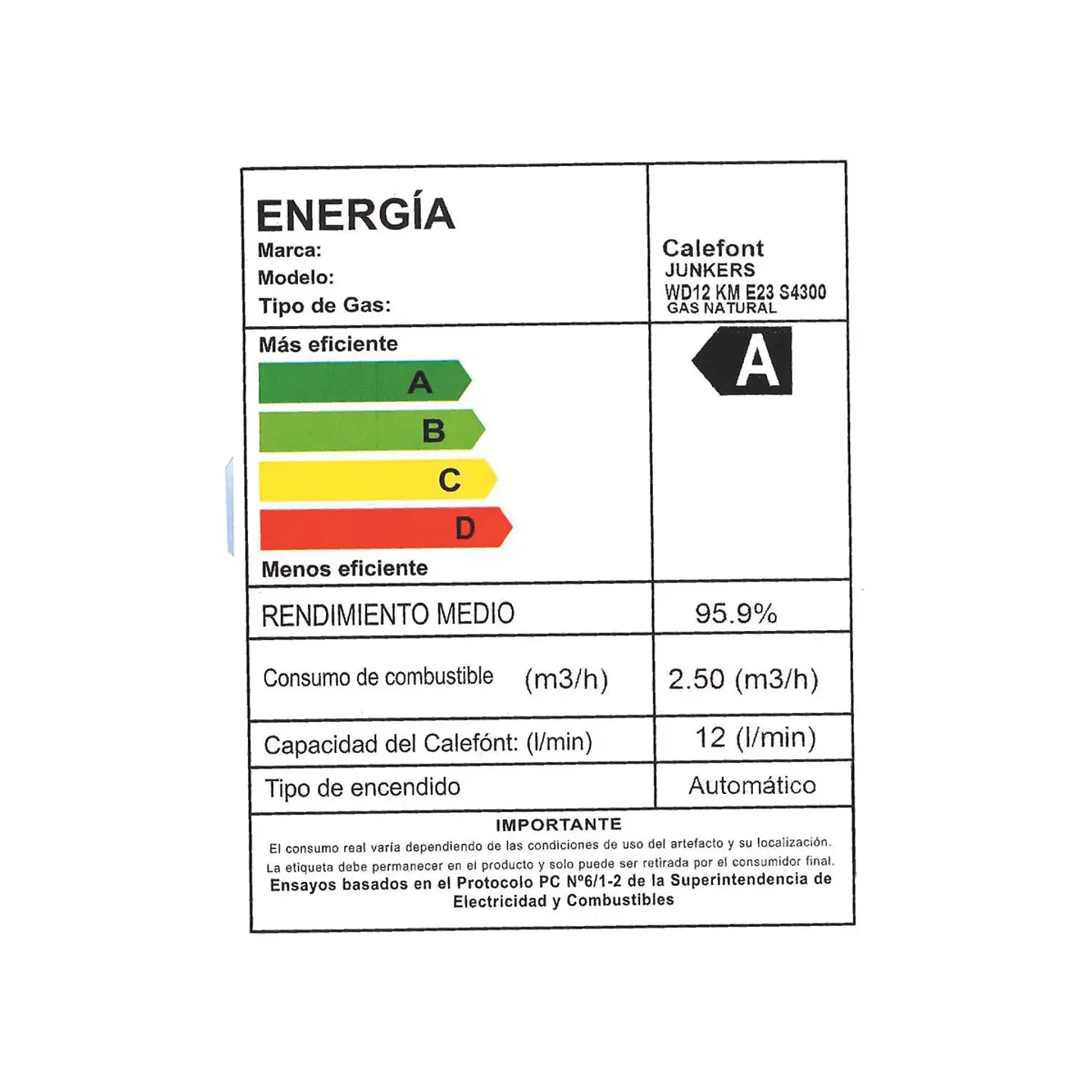 CALEFON JUNKERS GAS NATURAL 12 LITROS TIRO FORZADO WTDE12-KME 23 2