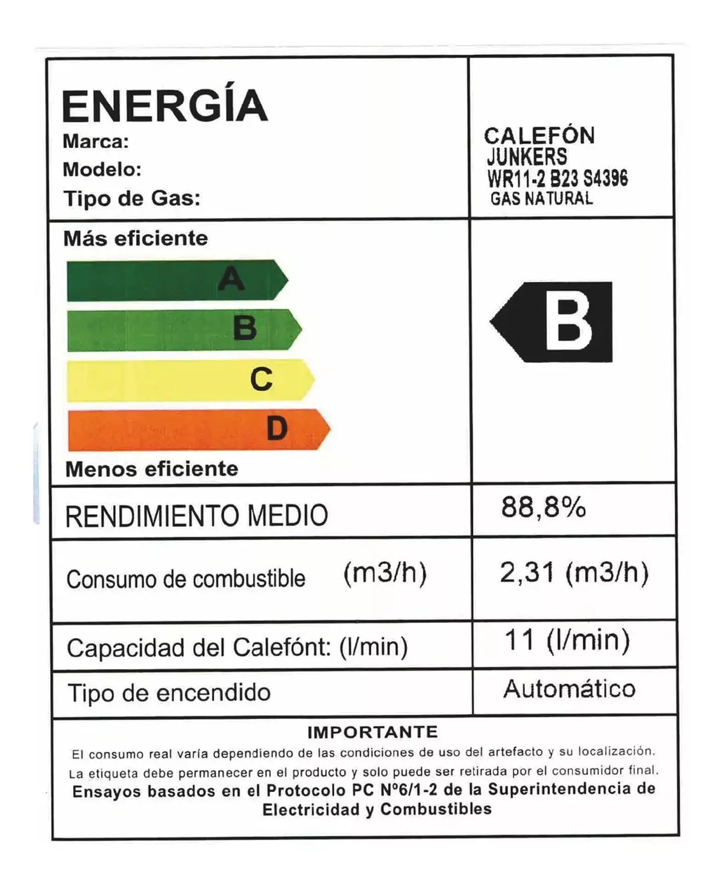 CALEFON JUNKERS WR11-2 B23 S4395 GAS NATURAL 11L IONIZADO 4