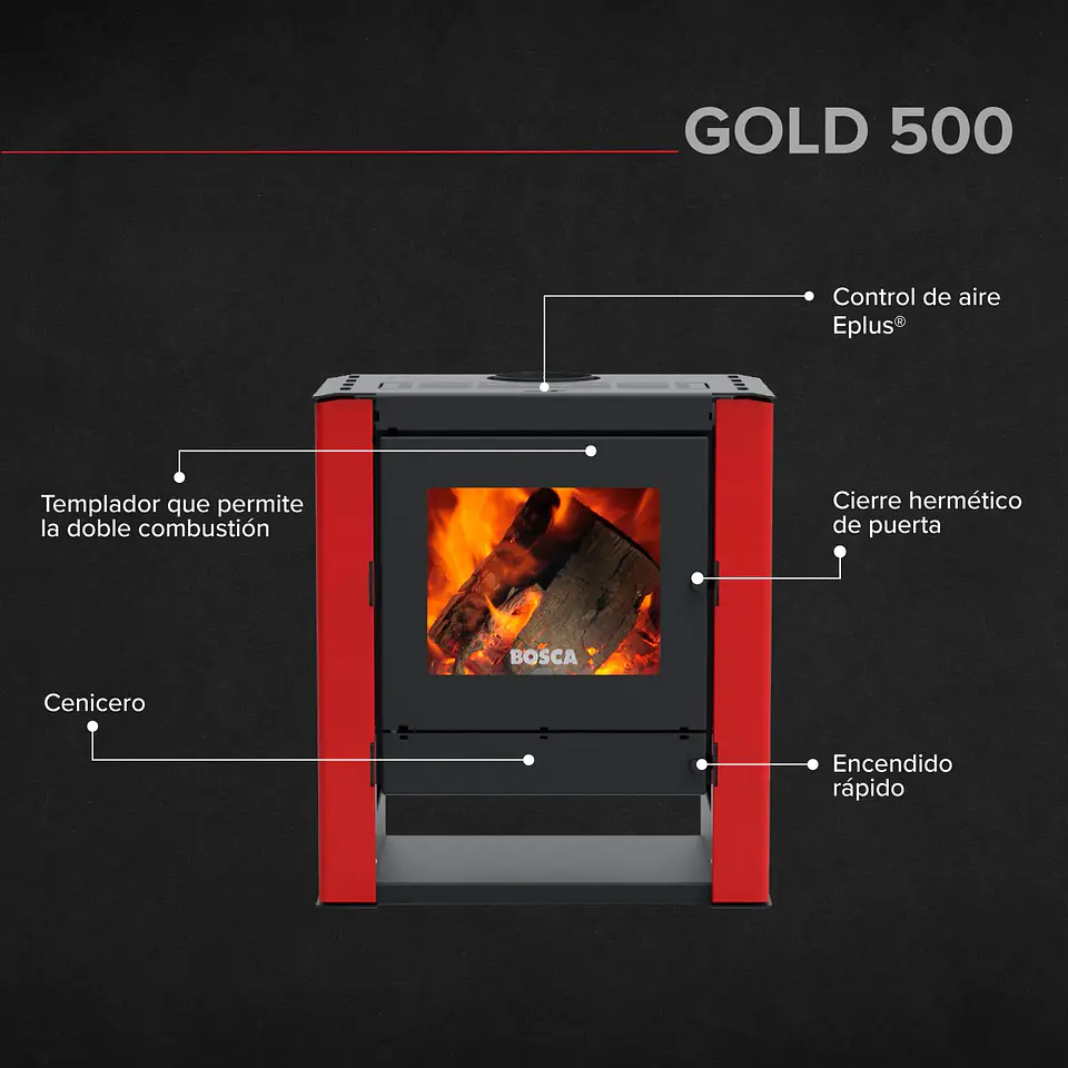 PACK CALEFACTOR BOSCA A LEÑA GOLD 500 ROJO BLACK VISION + KIT INSTALACIÓN 8