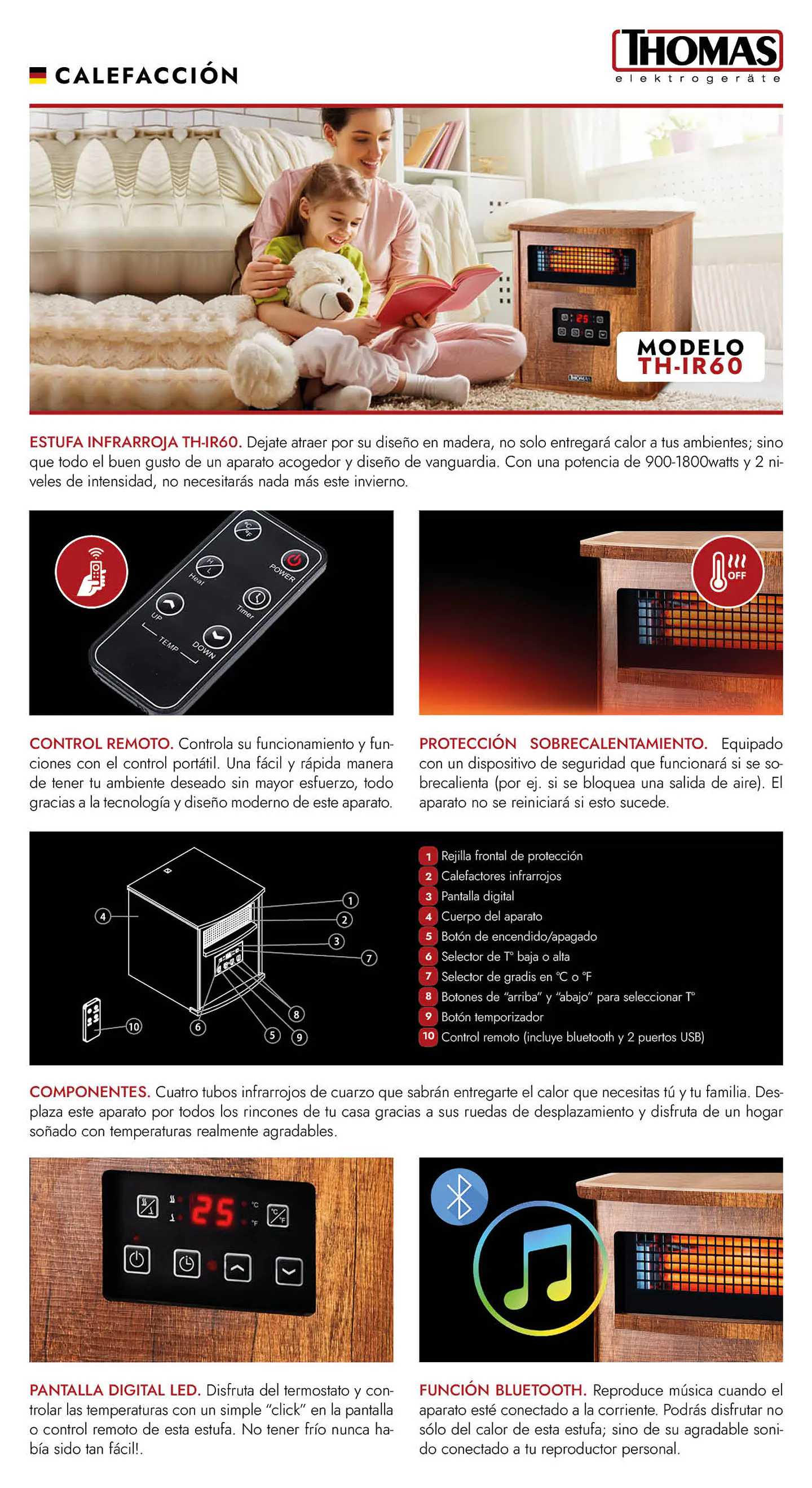 ESTUFA INFRARROJA THOMAS TH-IR6O PARLANTE BLUETOOTH 4