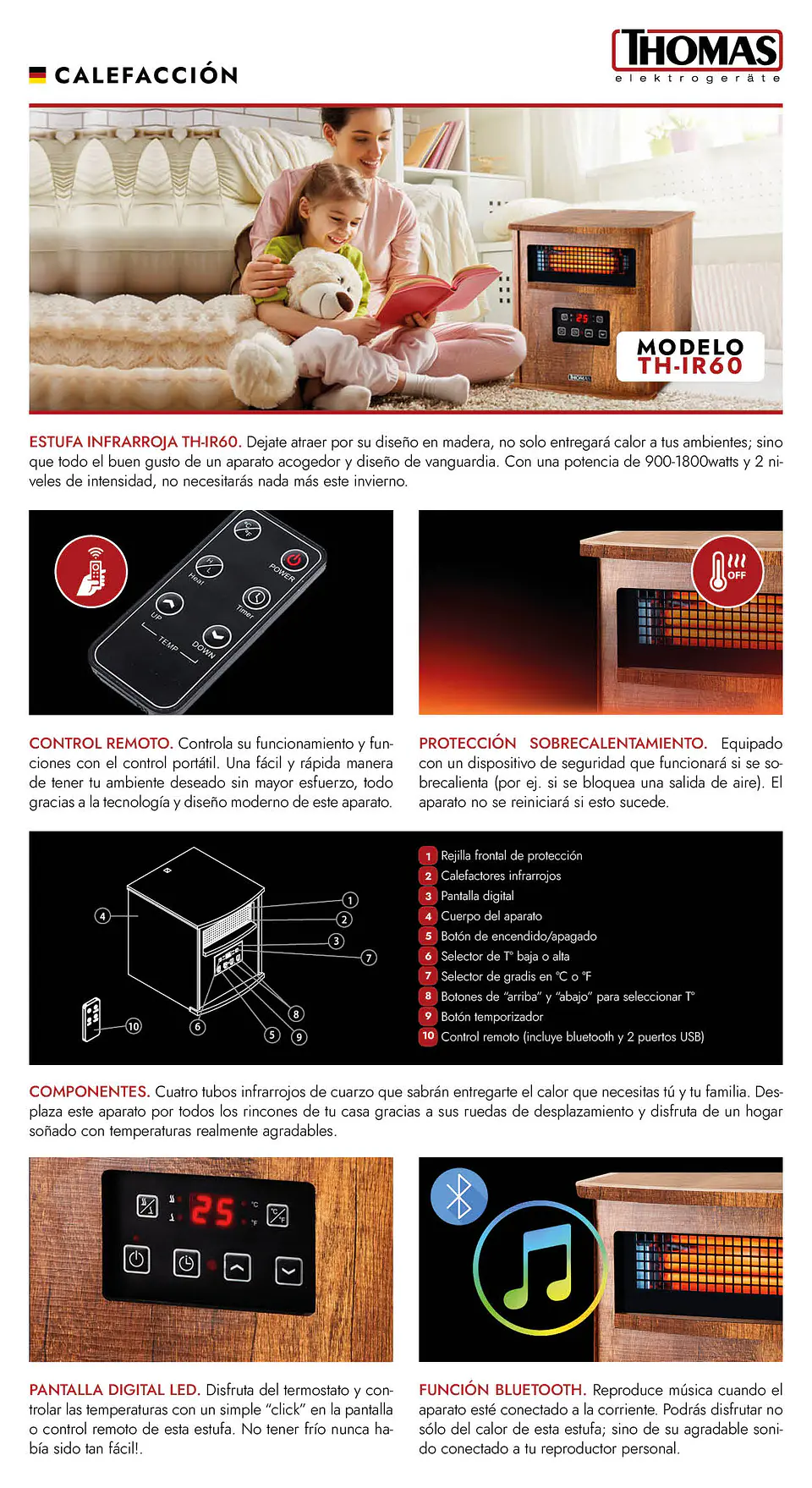 ESTUFA INFRARROJA THOMAS TH-IR6O PARLANTE BLUETOOTH 4