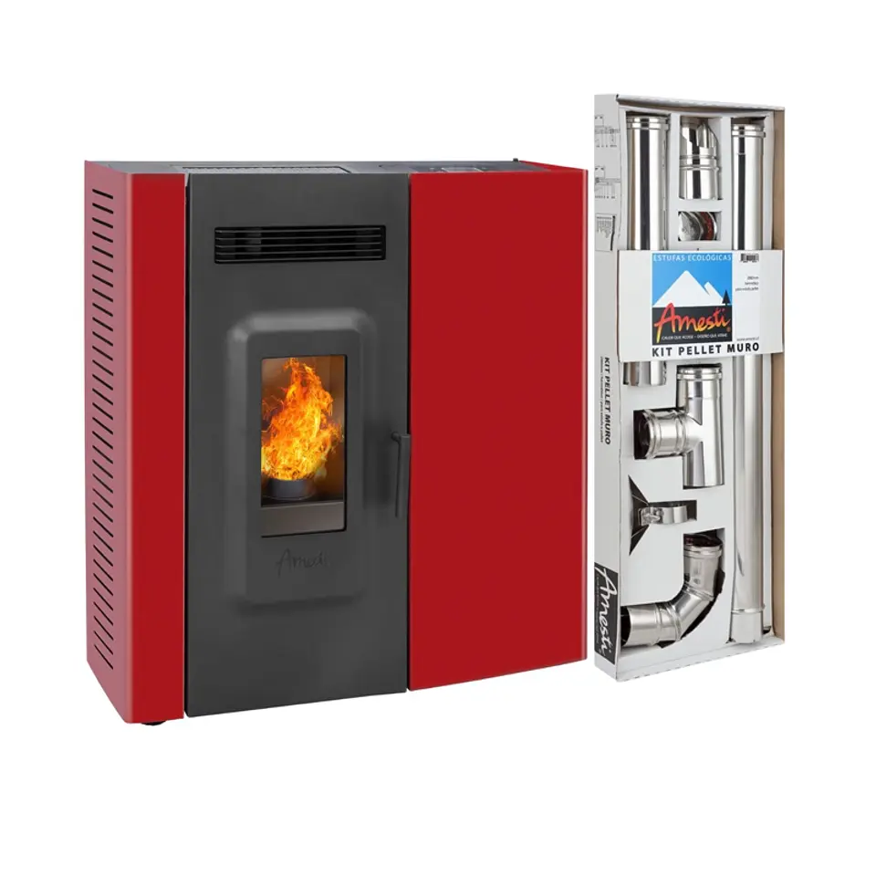 ESTUFA A PELLET SLIM 9000 EN COLOR ROJO + KIT INST. MURO 4
