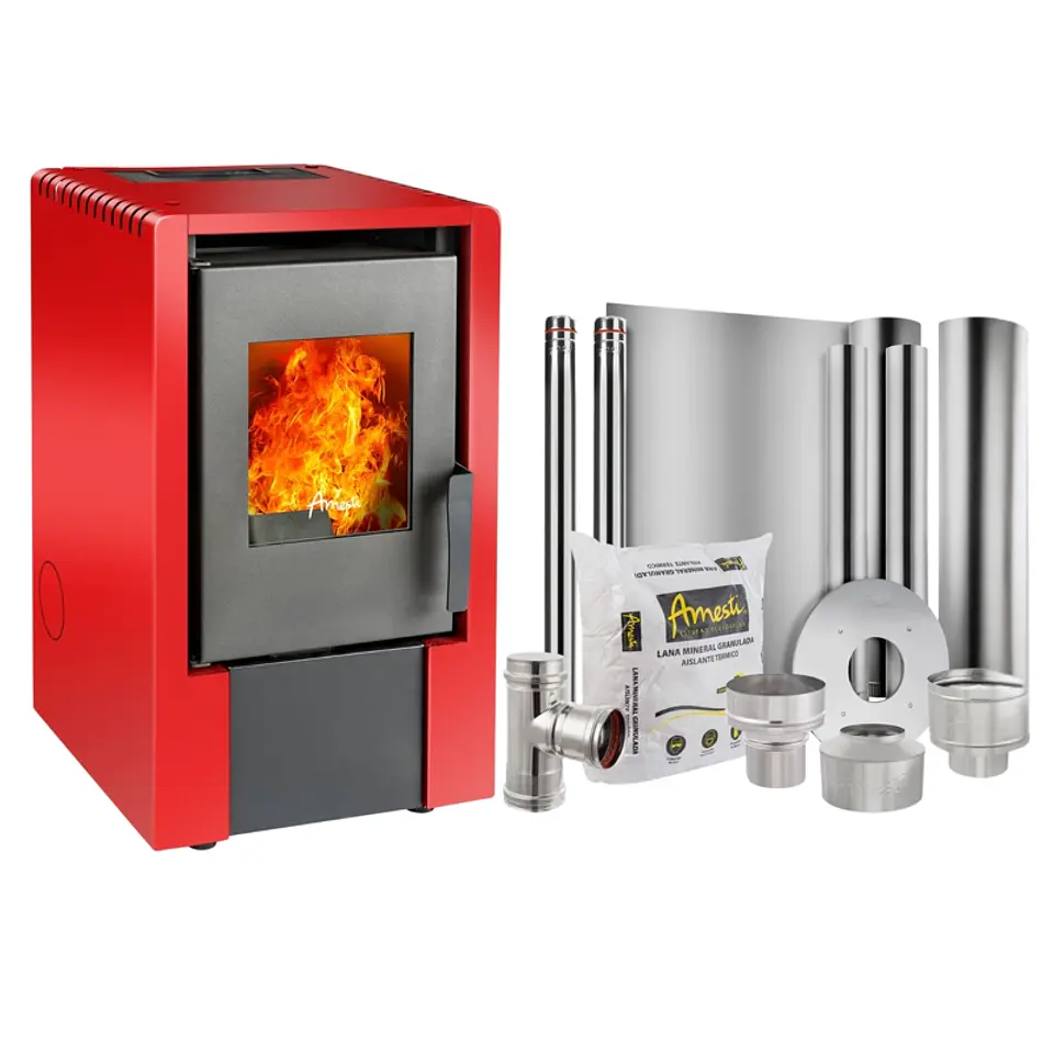ESTUFA A PELLET ITALY 6100 EN COLOR ROJO + KIT INST. TECHO 1