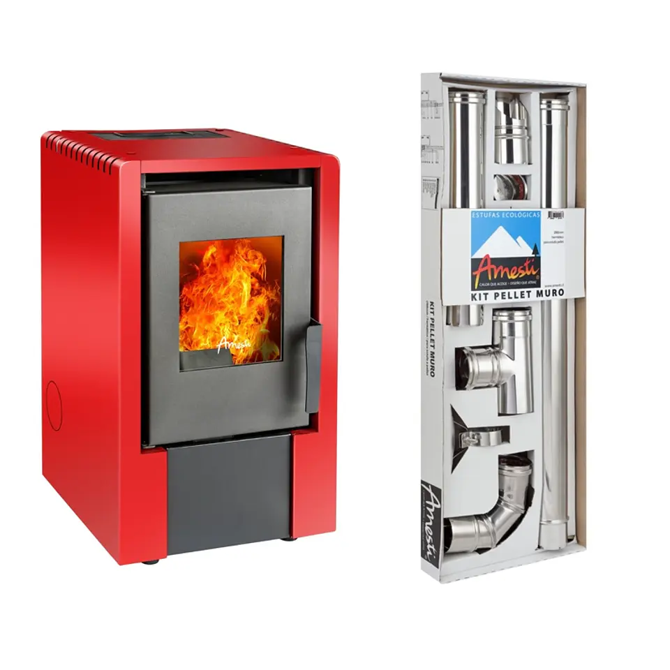 ESTUFA A PELLET ITALY 6100 EN COLOR ROJO + KIT INST. MURO 1