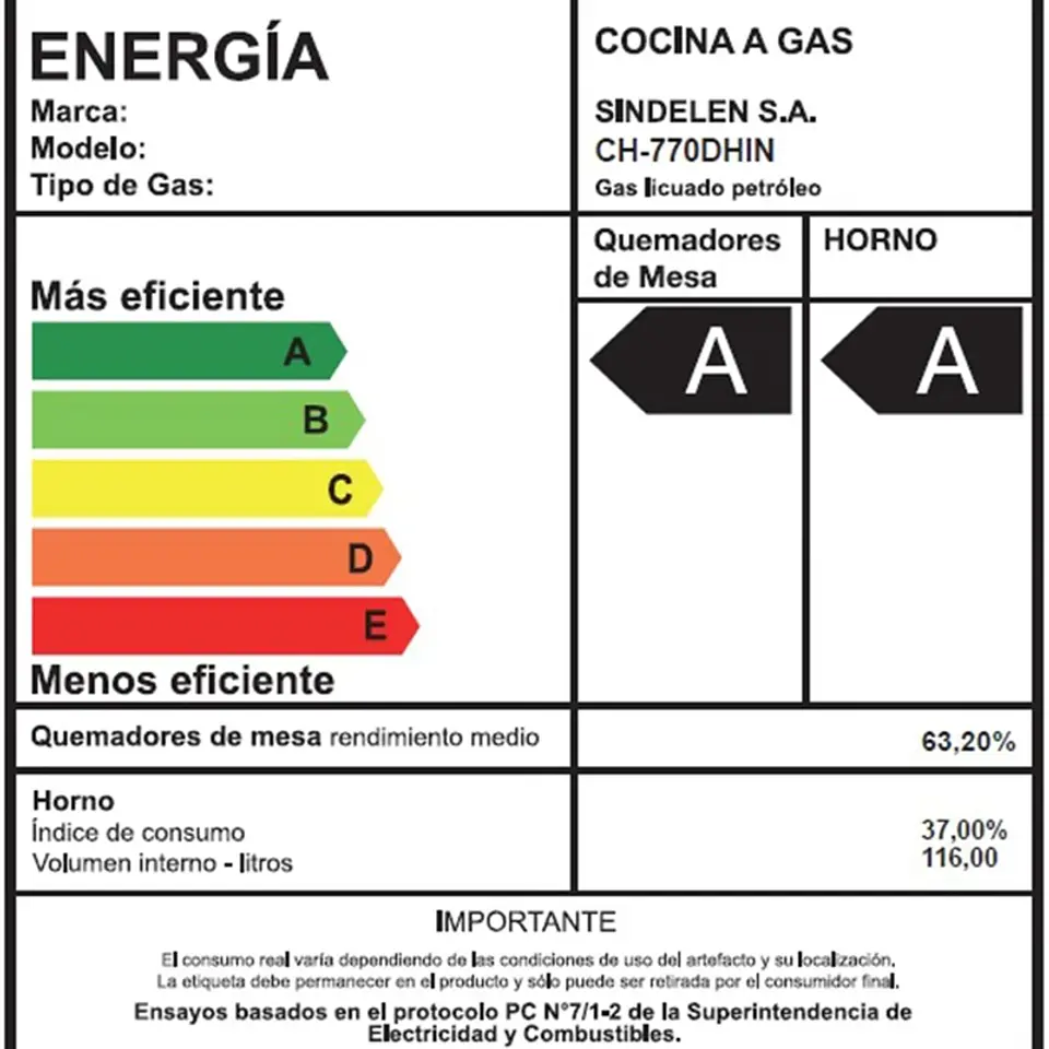 COCINA 5 QUEMADORES DOBLE HORNO GAS LICUADO SINDELEN CH-770DHIN 5