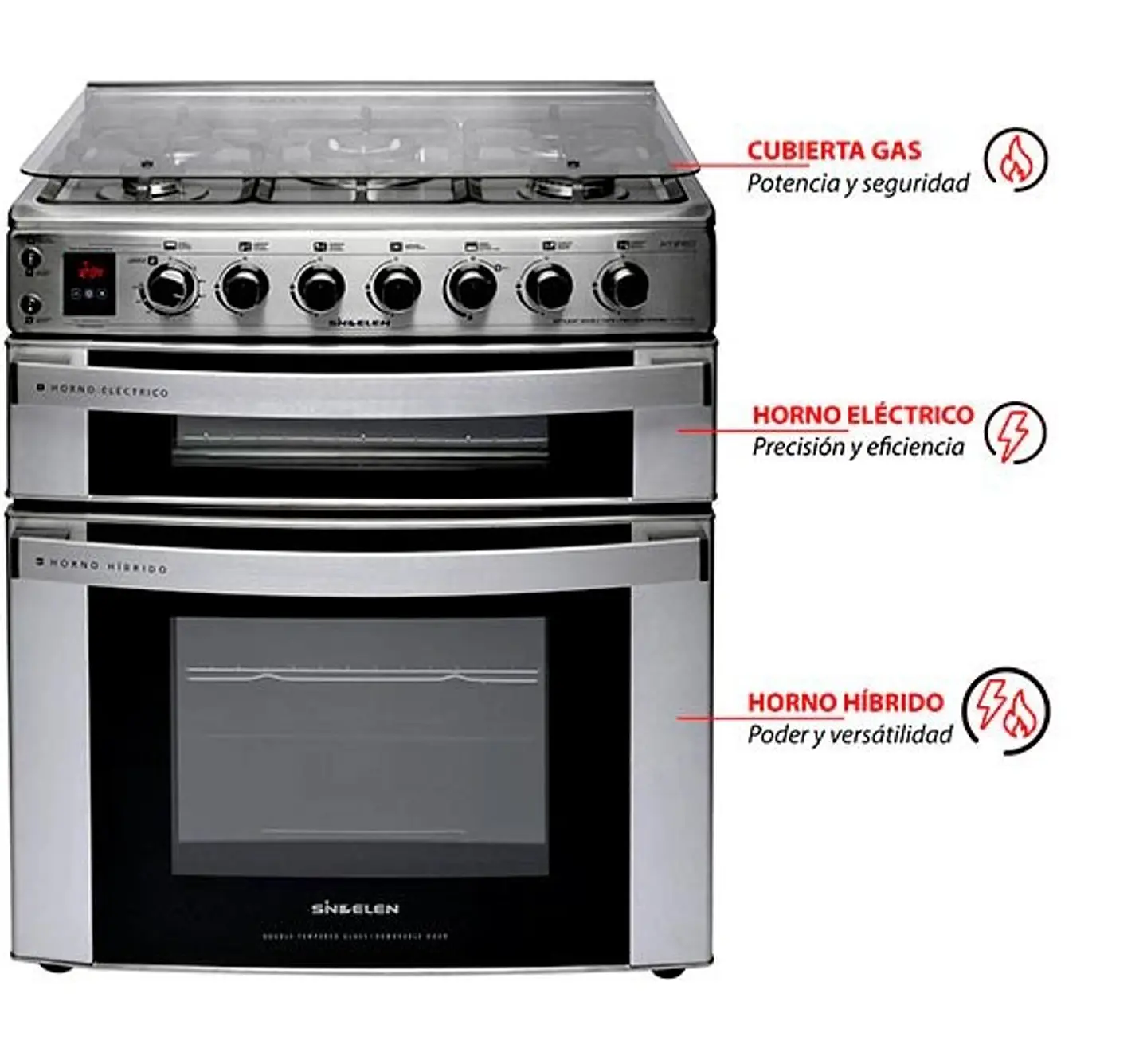COCINA A GAS SINDELEN CH-770DHIN 5 PLATOS GRILL DOBLE HORNO ACERO 2