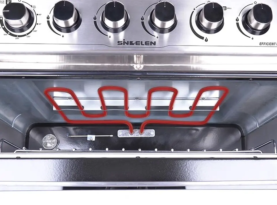 COCINA A GAS SINDELEN CH-770DHIN 5 PLATOS GRILL DOBLE HORNO ACERO 6