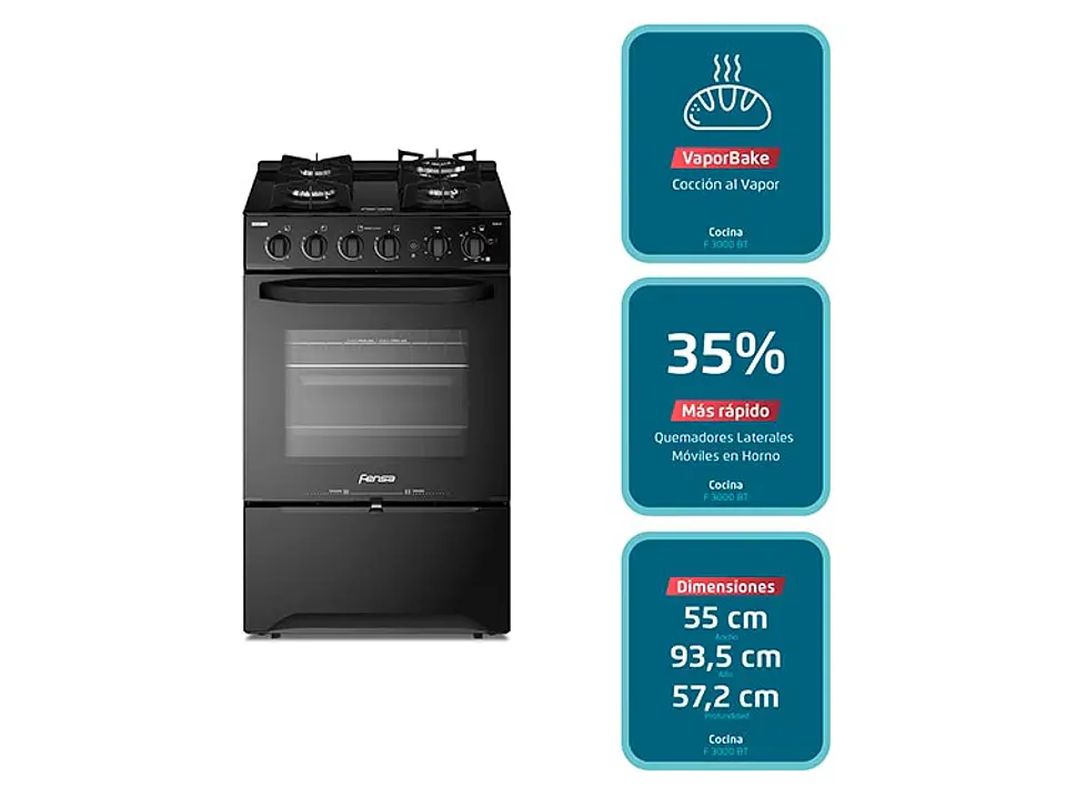 COCINA A GAS FENSA F3000 BT 4 PLATOS GRILL NEGRO 2