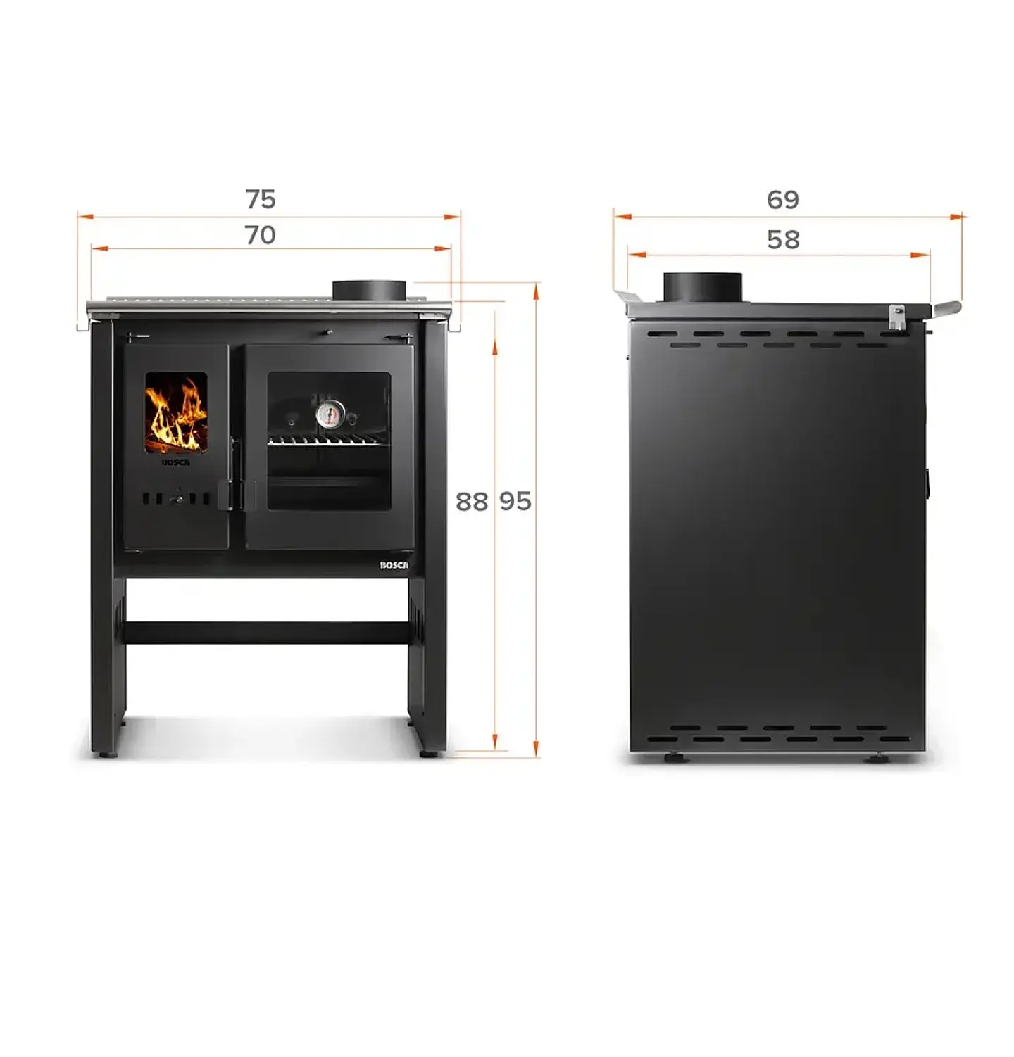 PACK COCINA A LEÑA BOSCA ARES 70 CHARCOAL + KIT DE INSTALACIÓN 2