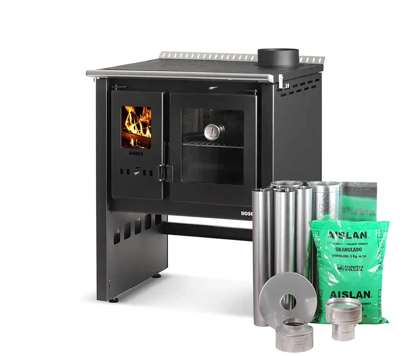 PACK COCINA A LEÑA BOSCA ARES 70 CHARCOAL + KIT DE INSTALACIÓN 3