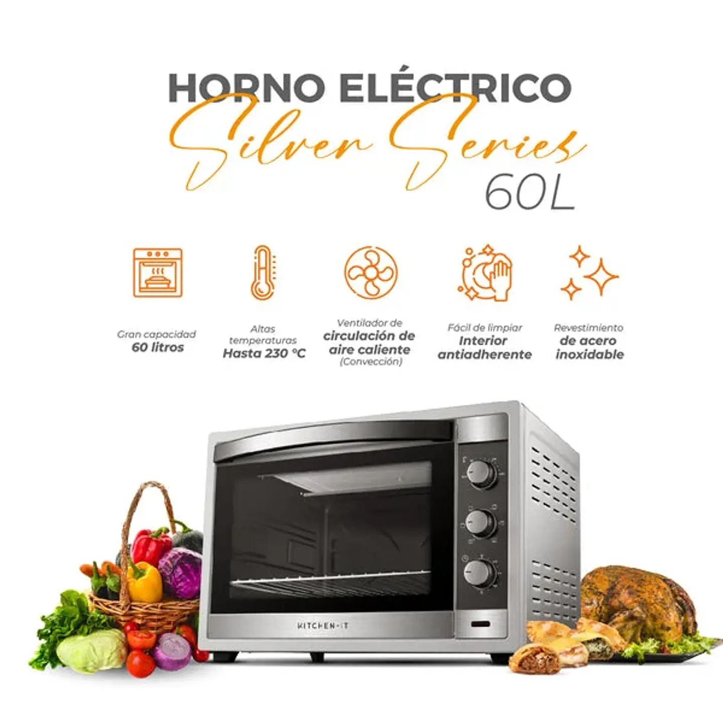 HORNO ELÉCTRICO KITCHEN-IT SILVER SERIES 60L DOBLE VIDRIO 7