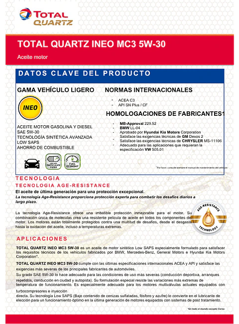 ACEITE MOTOR TOTAL 5W30 10L INEO MC3 DOBLE SELLO ACEA C3 DPF