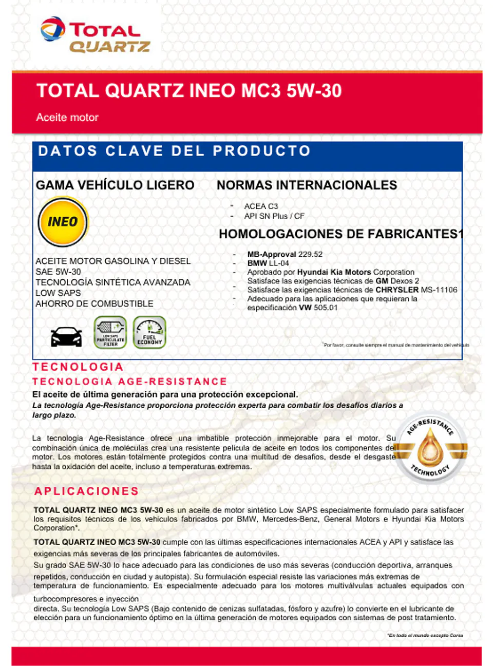 ACEITE MOTOR TOTAL 5W30 10L INEO MC3 DOBLE SELLO ACEA C3 DPF 2