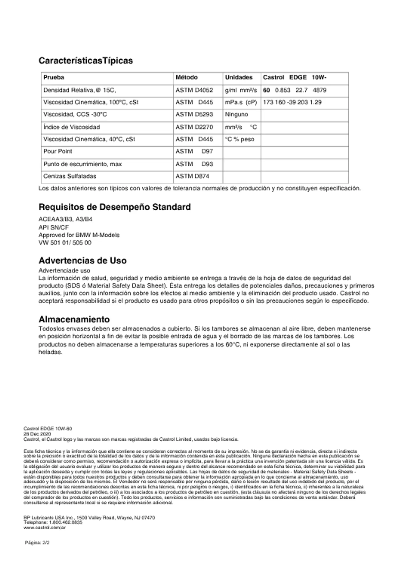 ACEITE MOTOR CASTROL 10W60 EDGE SUPERCAR 4 LITROS 4