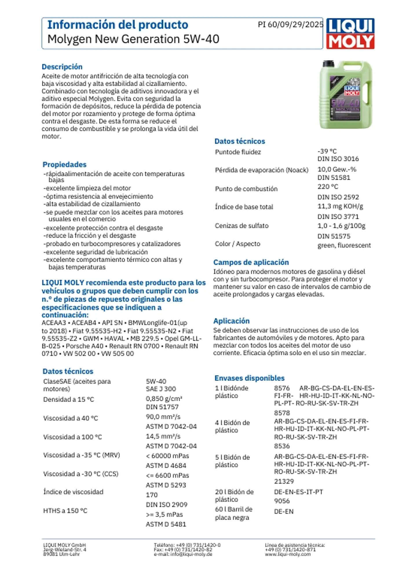 LUBRICANTE MOTOR 5W40 MOLYGEN LIQUI MOLY 5 LTS. 3