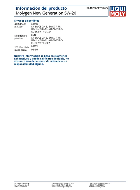 LUBRICANTE MOTOR 5W20 MOLYGEN LIQUI MOLY 5 LTS.