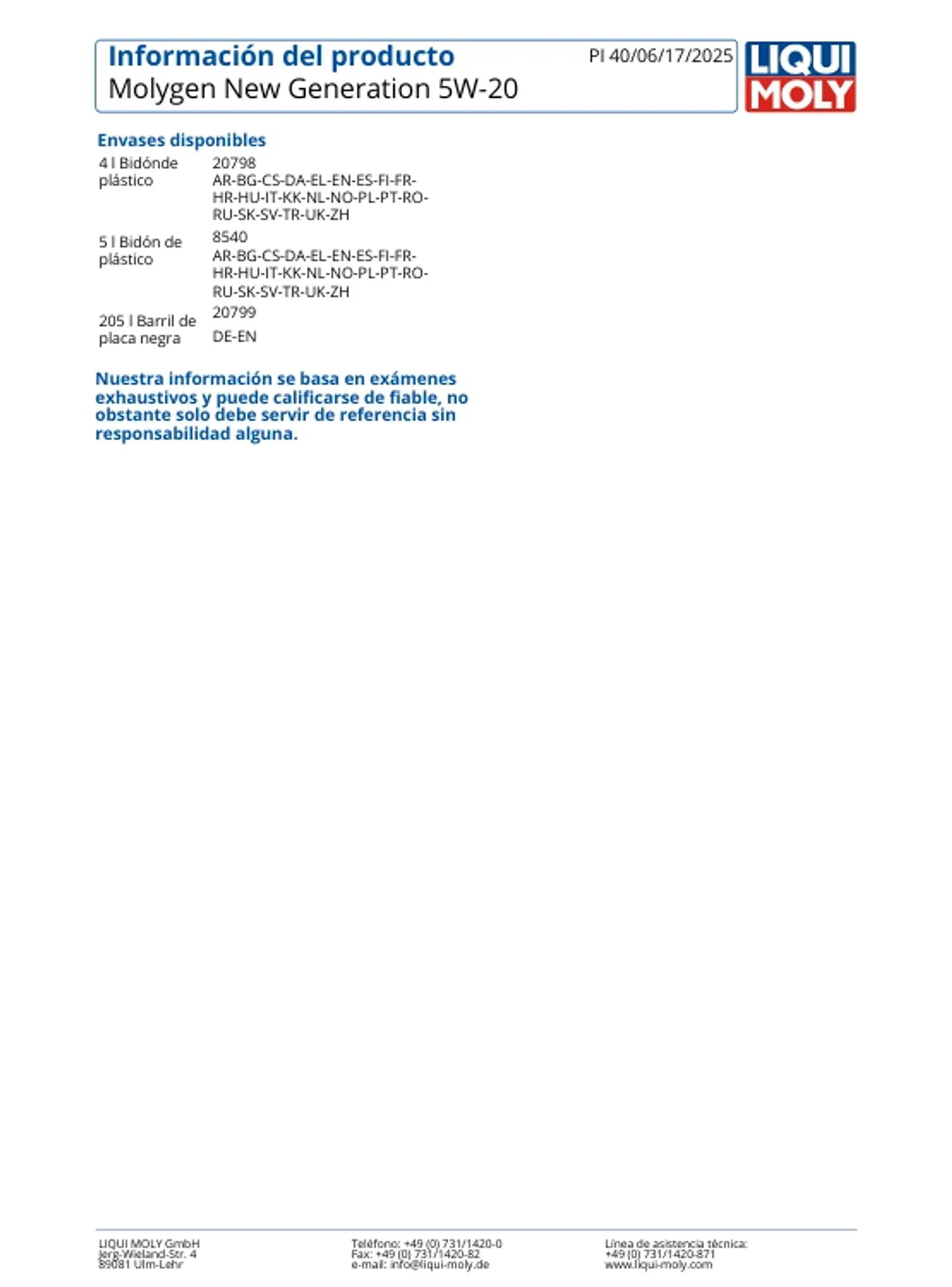 LUBRICANTE MOTOR 5W20 MOLYGEN LIQUI MOLY 5 LTS. 2