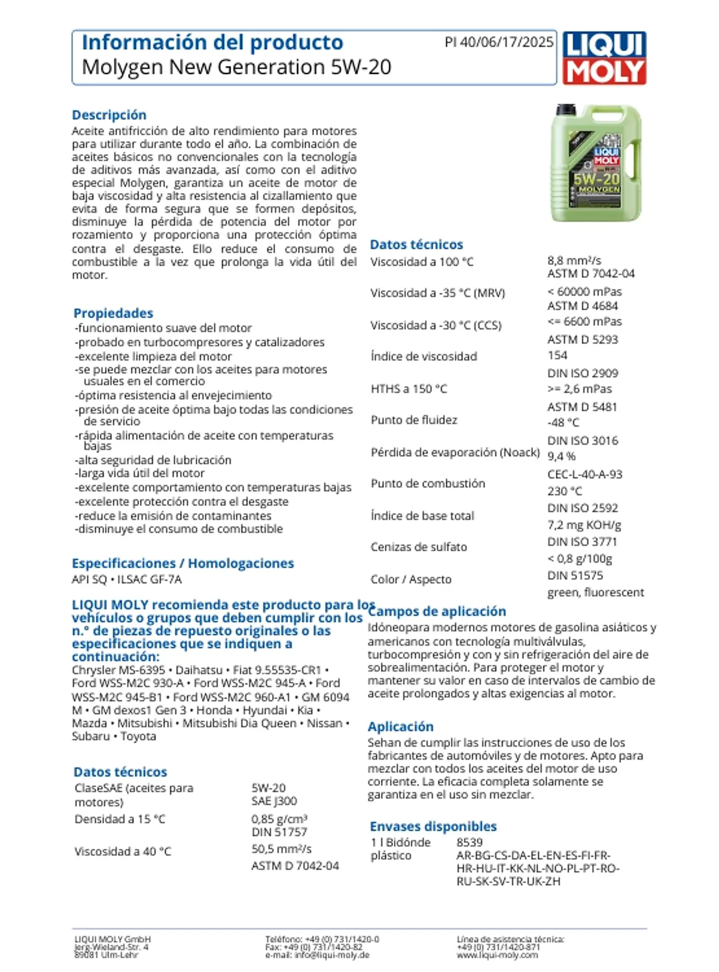 LUBRICANTE MOTOR 5W20 MOLYGEN LIQUI MOLY 5 LTS. 3