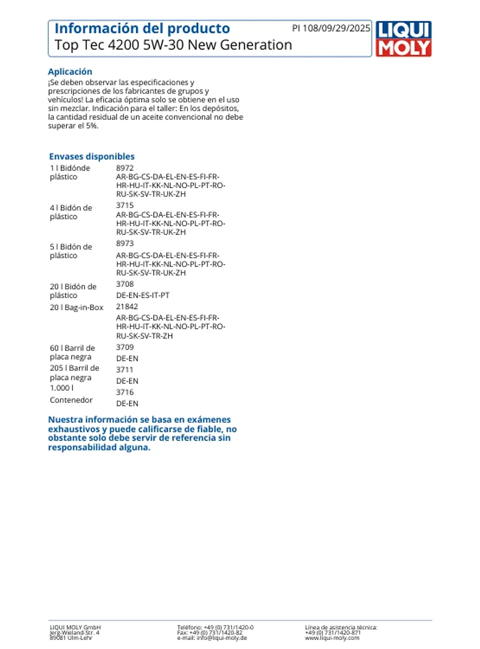 LUBRICANTE MOTOR 5W30 TOP TEC 4200 LIQUI MOLY 1 LT. 3