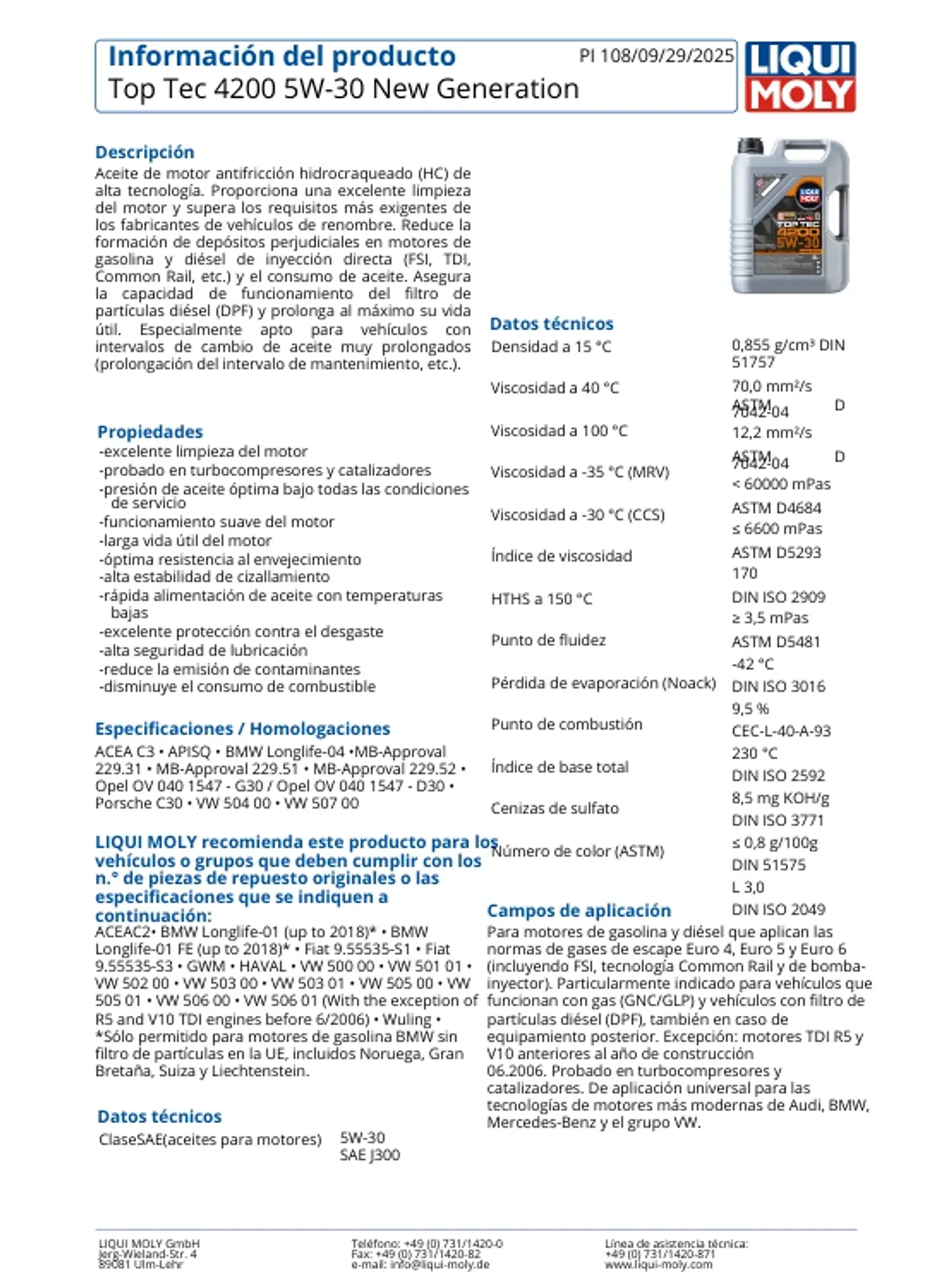 LUBRICANTE MOTOR 5W30 TOP TEC 4200 LIQUI MOLY 1 LT. 4