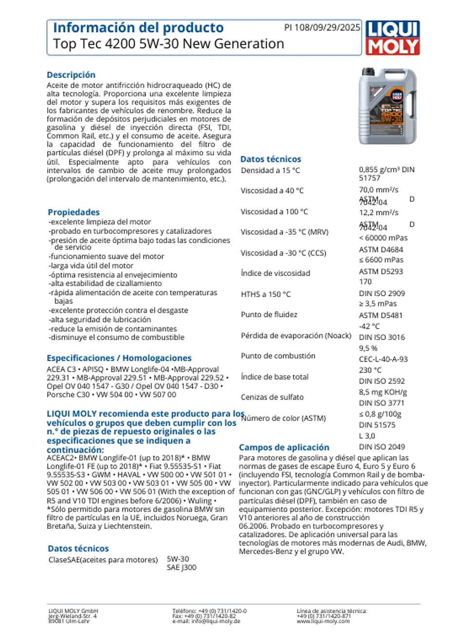 LUBRICANTE MOTOR 5W30 TOP TEC 4200 LIQUI MOLY 1 LT. 4