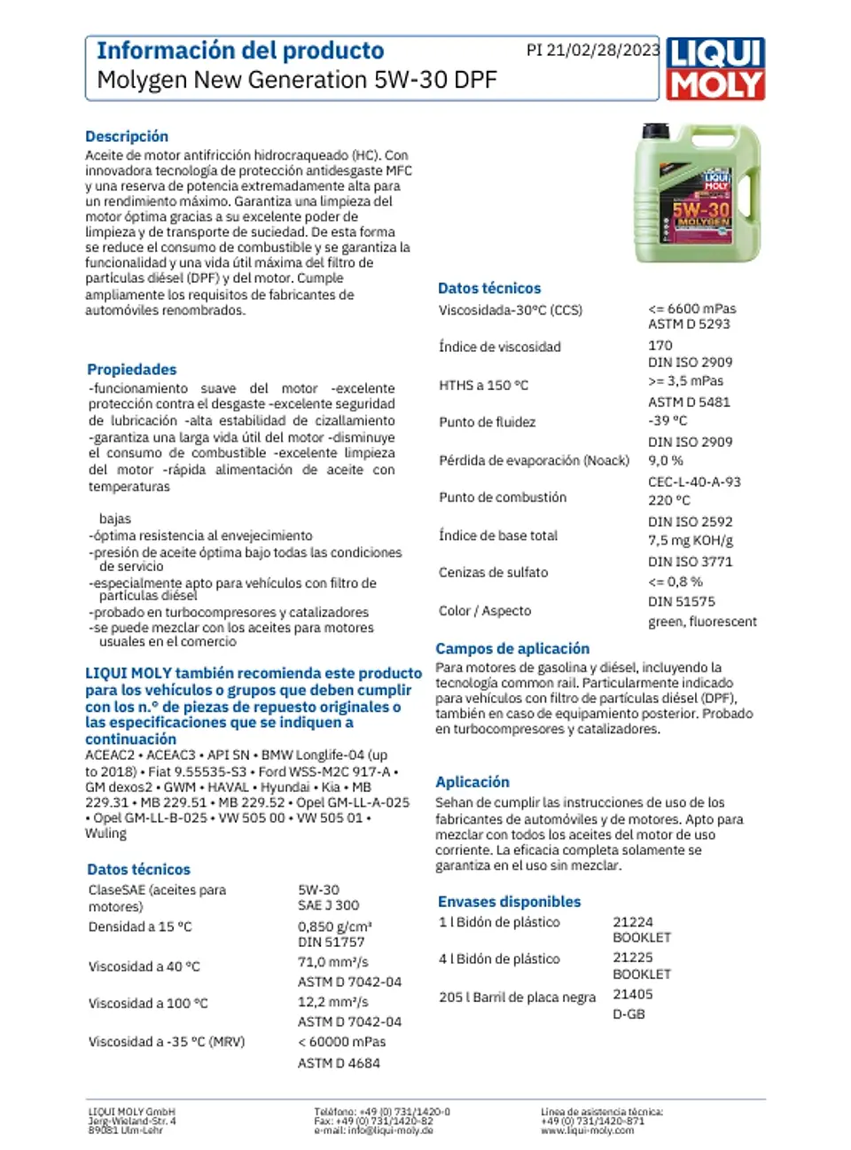 ACEITE MOTOR LIQUI MOLY 5W30 MOLYGEN 4 LT DPF 3