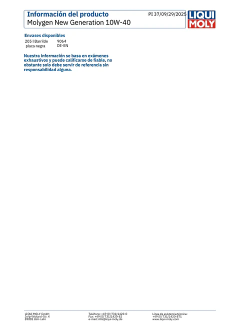 LUBRICANTE MOTOR 10W40 MOLYGEN NEW GENERATION LIQUI MOLY 5 LTS.