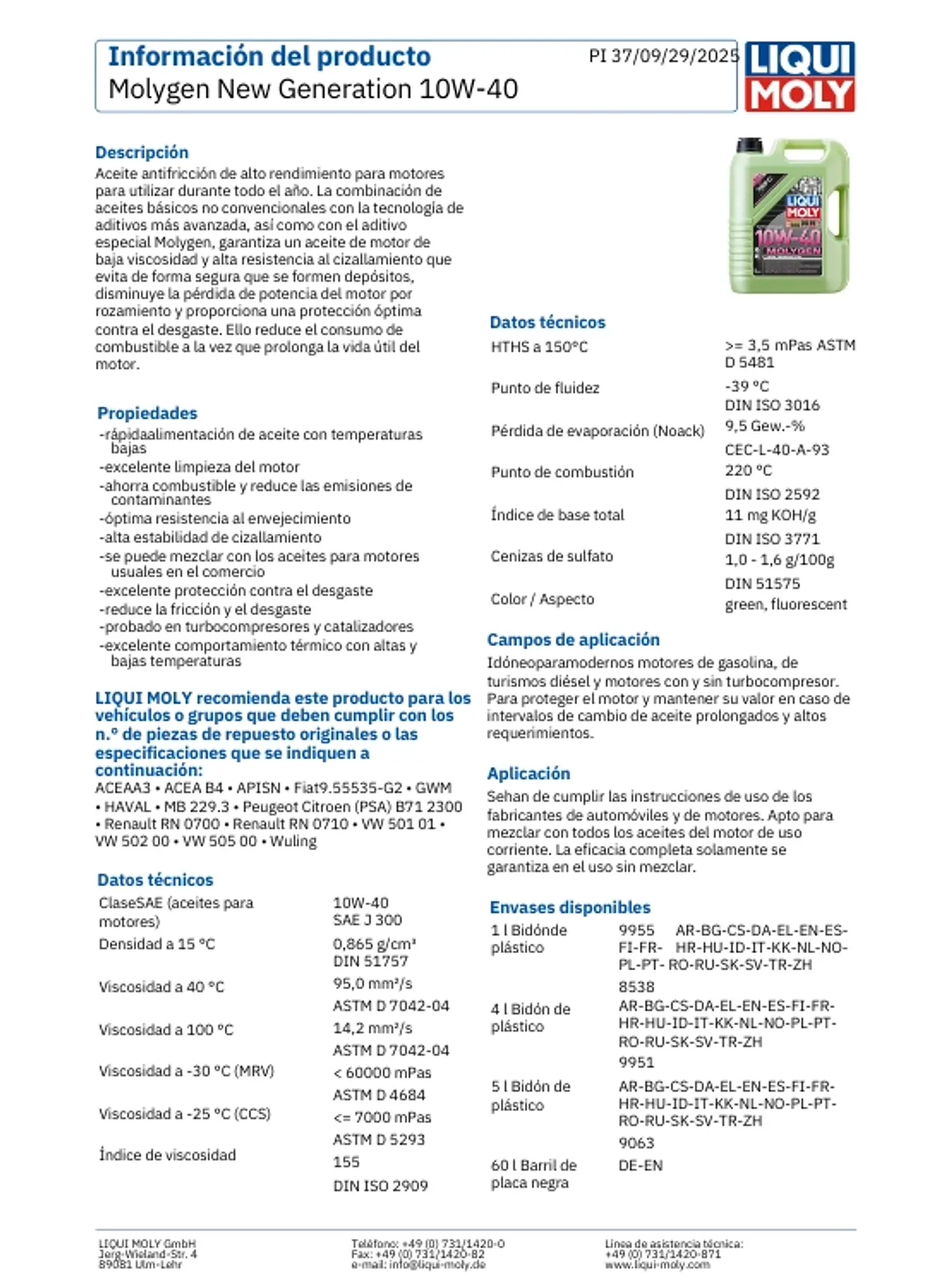 LUBRICANTE MOTOR 10W40 MOLYGEN NEW GENERATION LIQUI MOLY 5 LTS. 4