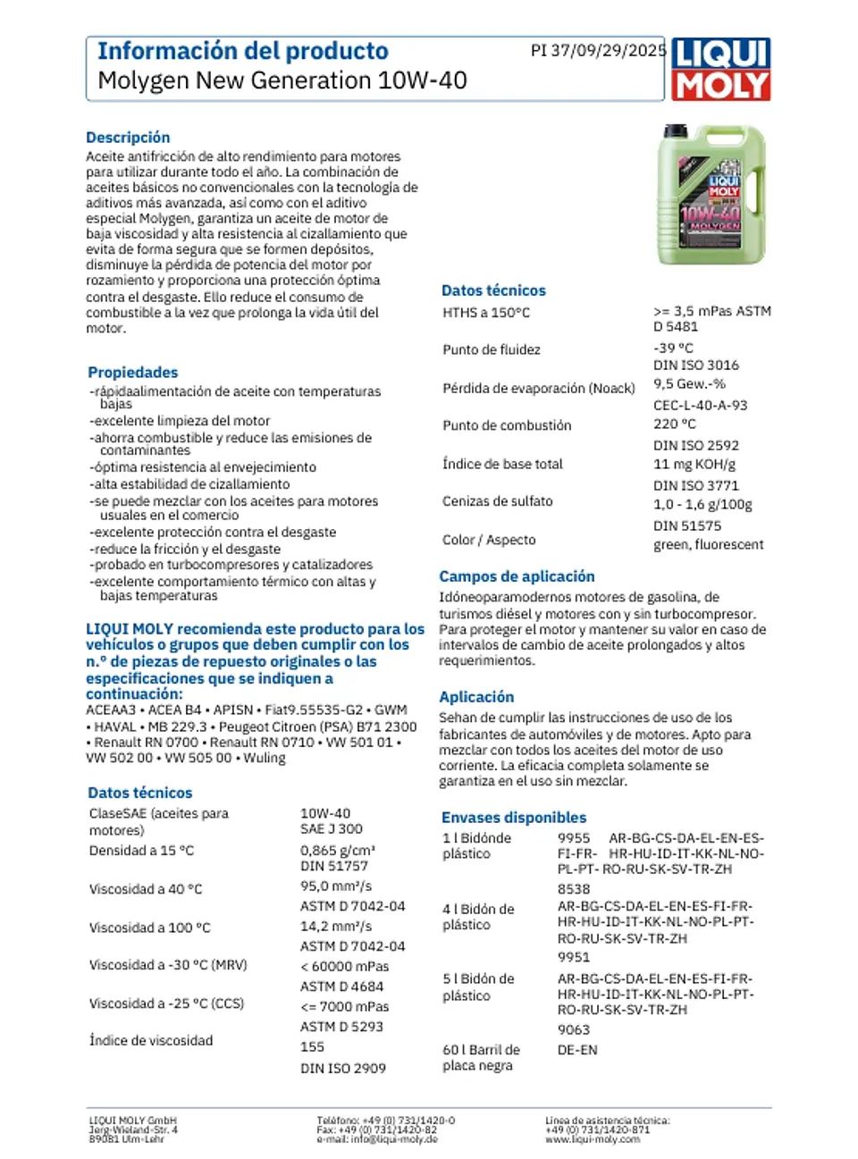 LUBRICANTE MOTOR 10W40 MOLYGEN NEW GENERATION LIQUI MOLY 5 LTS. 4