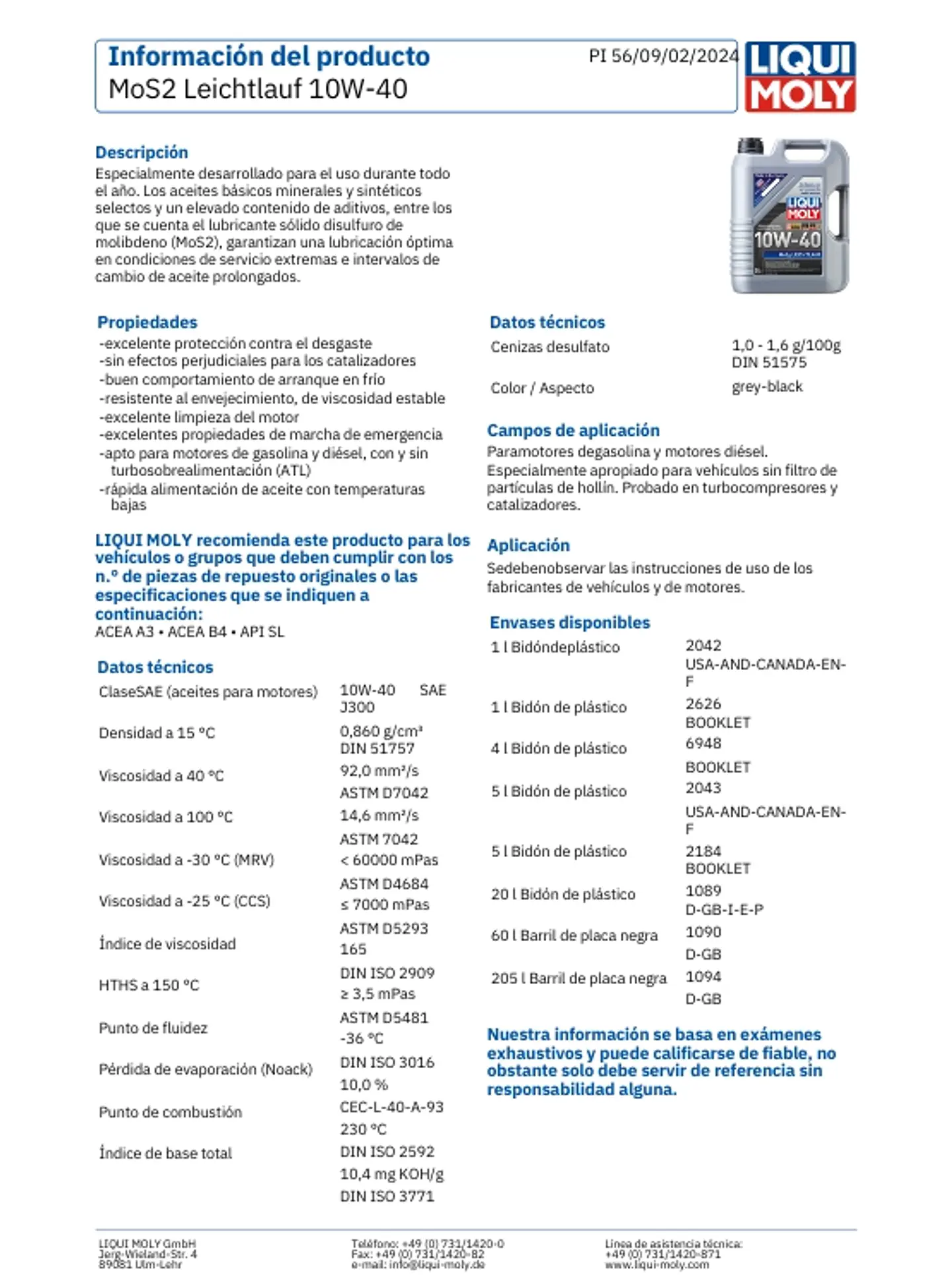LUBRICANTE MOTOR SEMISINTETICO 10W40 CON MOLIBDENO MOS2 5 LTS. 3
