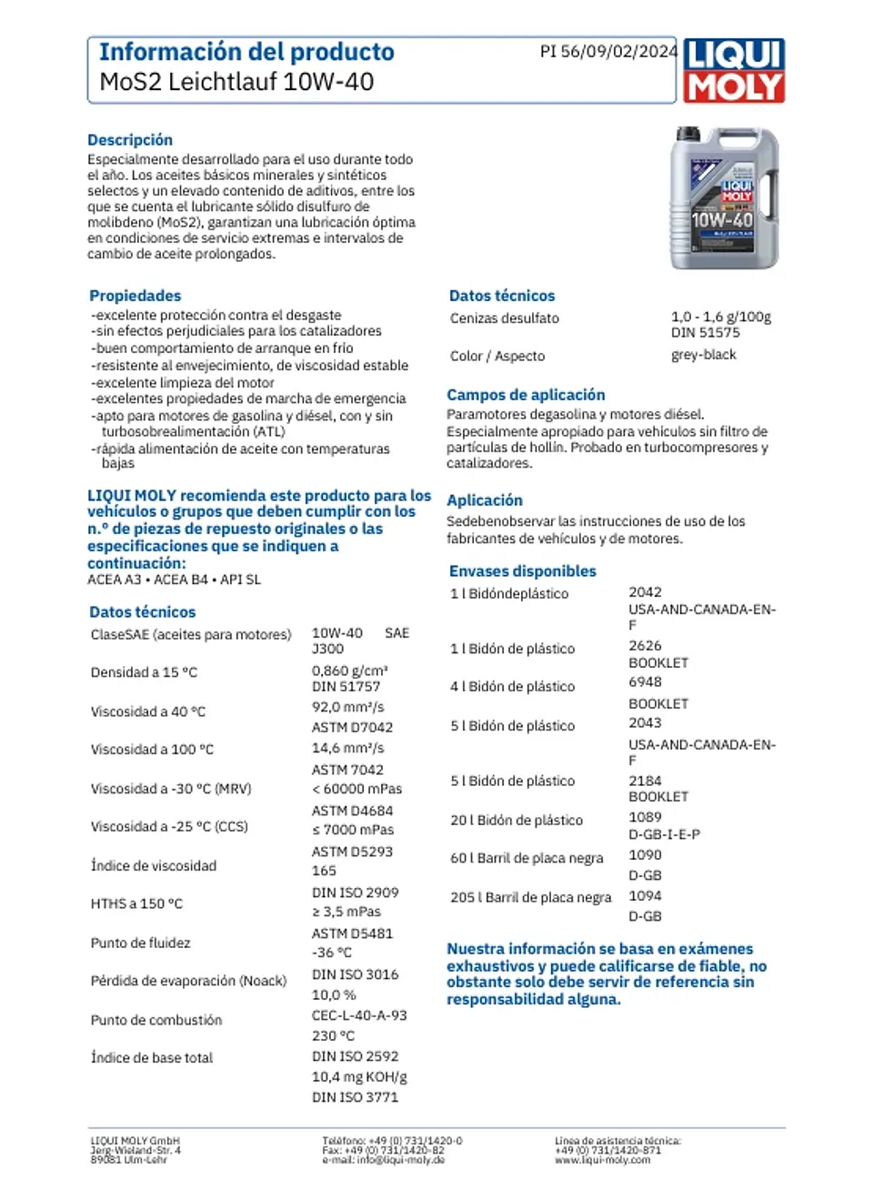 LUBRICANTE MOTOR SEMISINTETICO 10W40 CON MOLIBDENO MOS2 5 LTS. 3