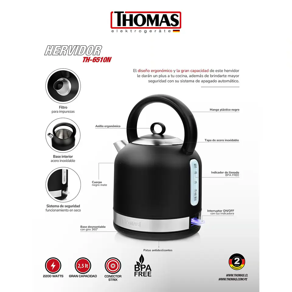 HERVIDOR THOMAS 2.5 L TH-6510N NEGRO MATE 5