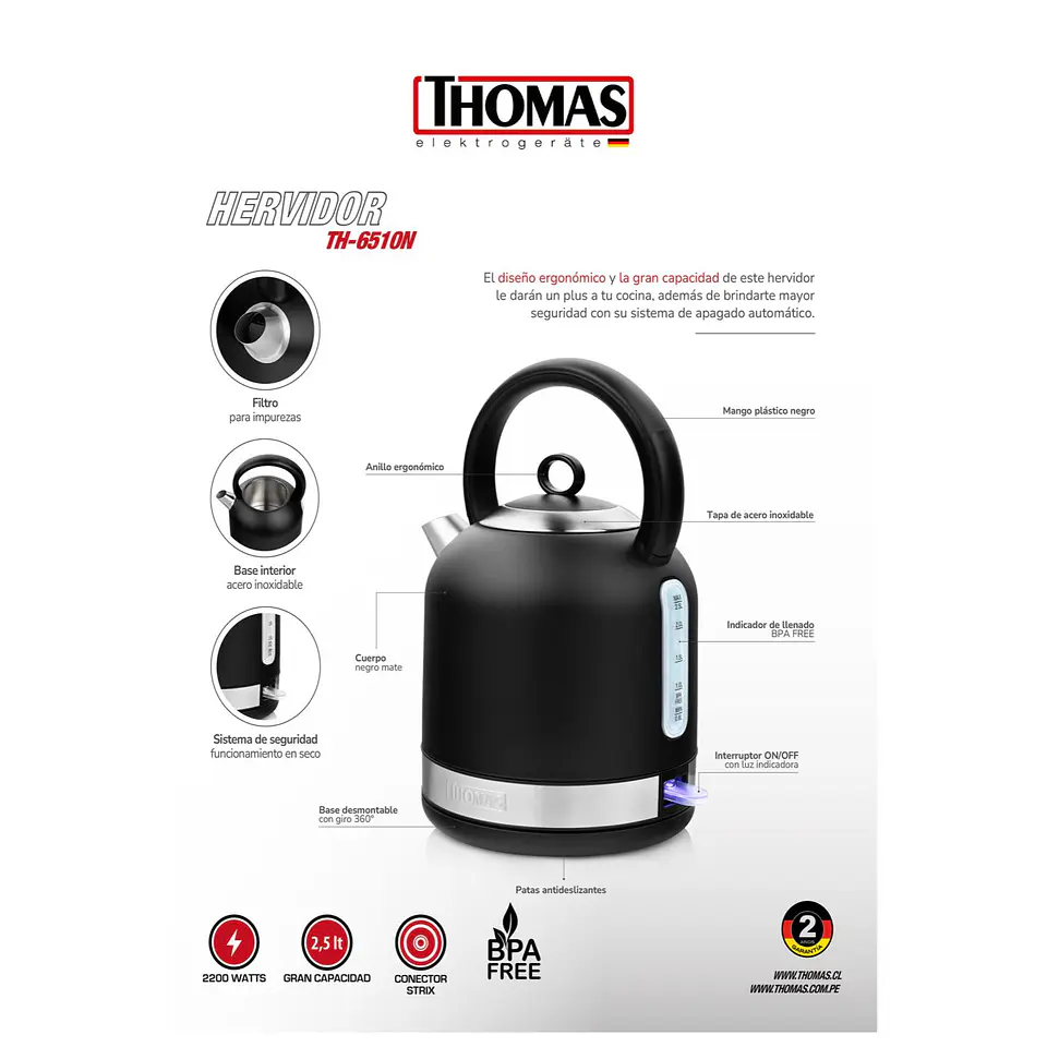 HERVIDOR ELECTRICO 2500ML 2200W NEGRO MATE TH-6510N THOMAS 4