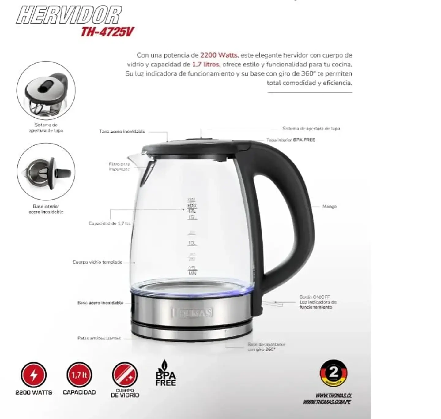 HERVIDOR THOMAS TH-4725 VIDRIO 17L 3