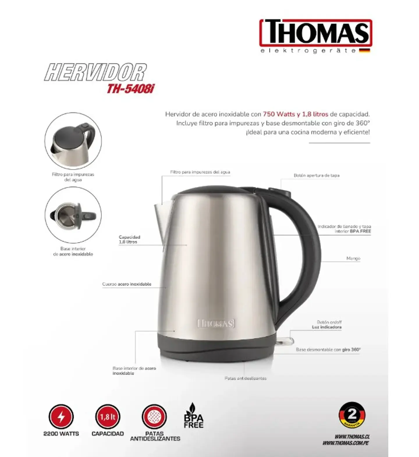 HERVIDOR ACERO INOXIDABLE 1,8 LTS TH-5408I THOMAS 5