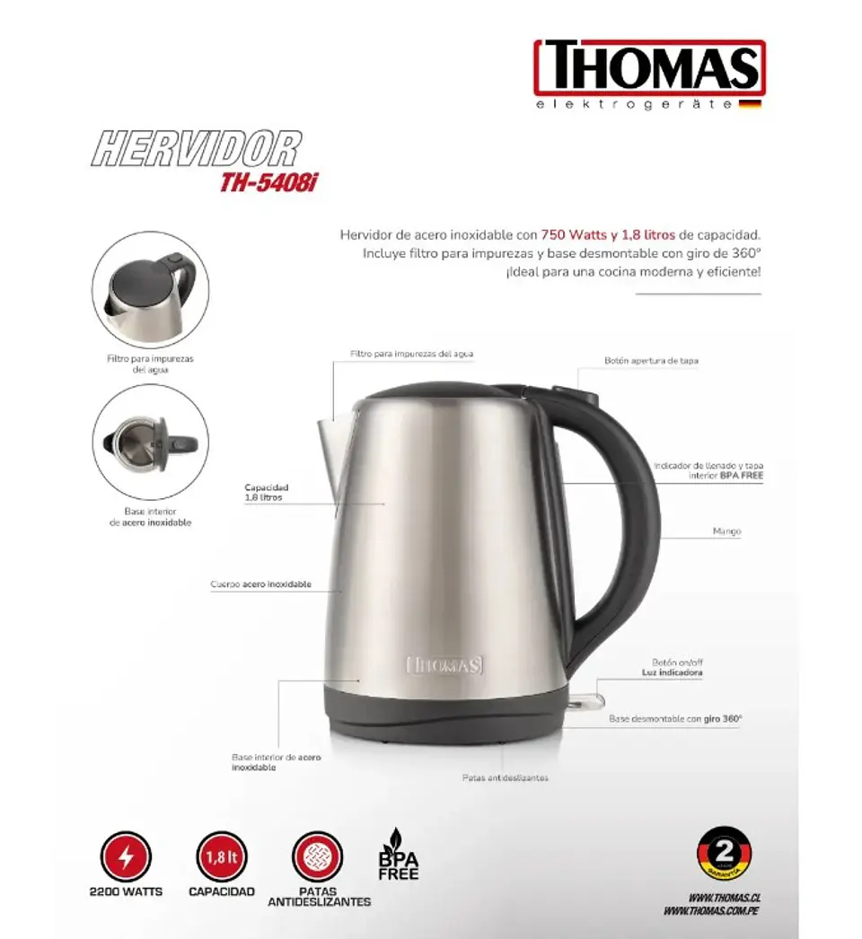 HERVIDOR ACERO INOXIDABLE 1,8 LTS TH-5408I THOMAS 5