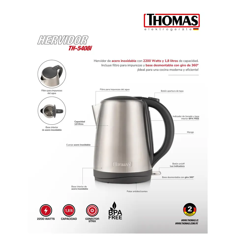 HERVIDOR ELECTRICO 1800ML 2200W ACERO INOXIDABLE TH-5408I 4