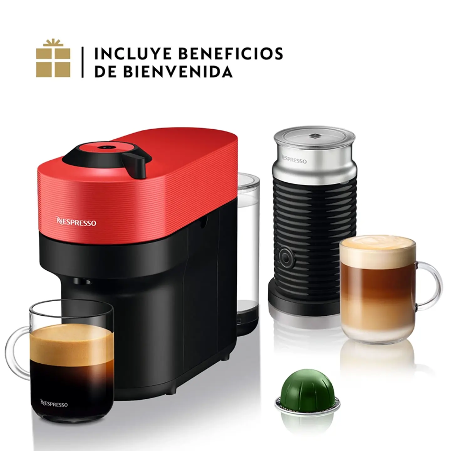 CAFETERA NESPRESSO CÁPSULA VERTUO POP ROJO + ESPUMADOR DE LECHE AEROCCINO 3 4